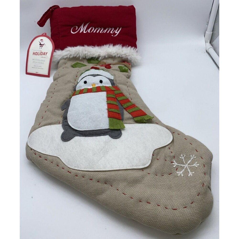 Pottery Barn Kids Mommy Woodland Christmas Stocking Penguin Holiday Quilted